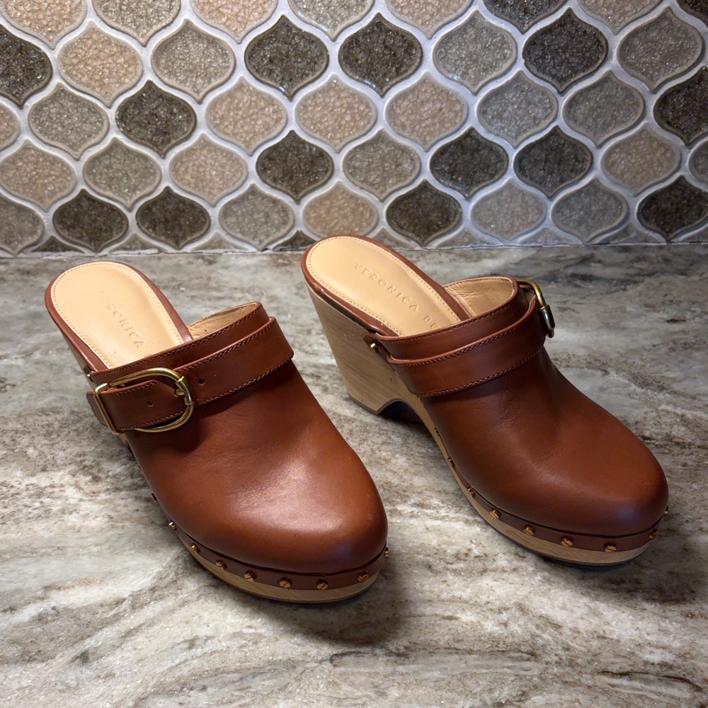 Veronica Beard Brown Leather Buckle Clog Mules